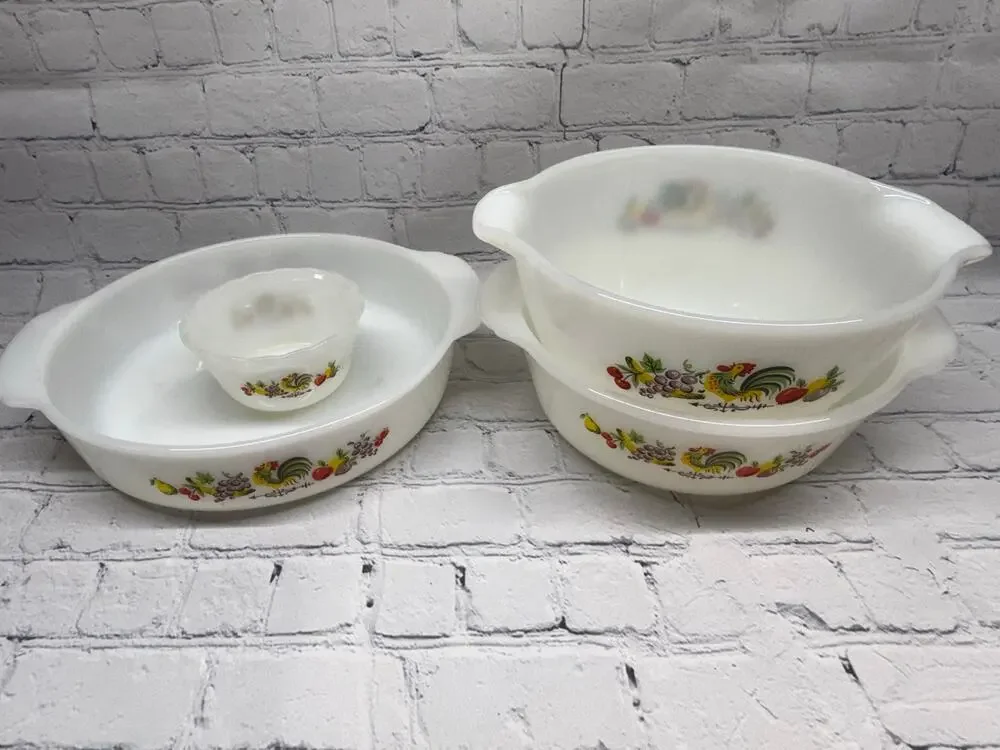 Fire‑King Milk Glass Bowl and Baking Dish Set – Rooster & Fruit Pattern Vintage